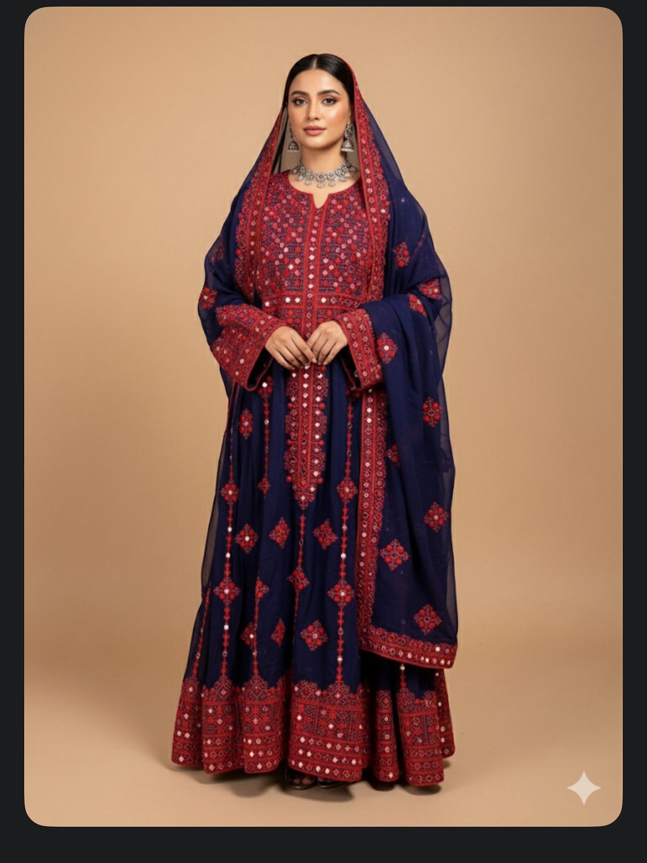 Heavy Balochi Mirror Work Chiffon Fabric Navy Blue