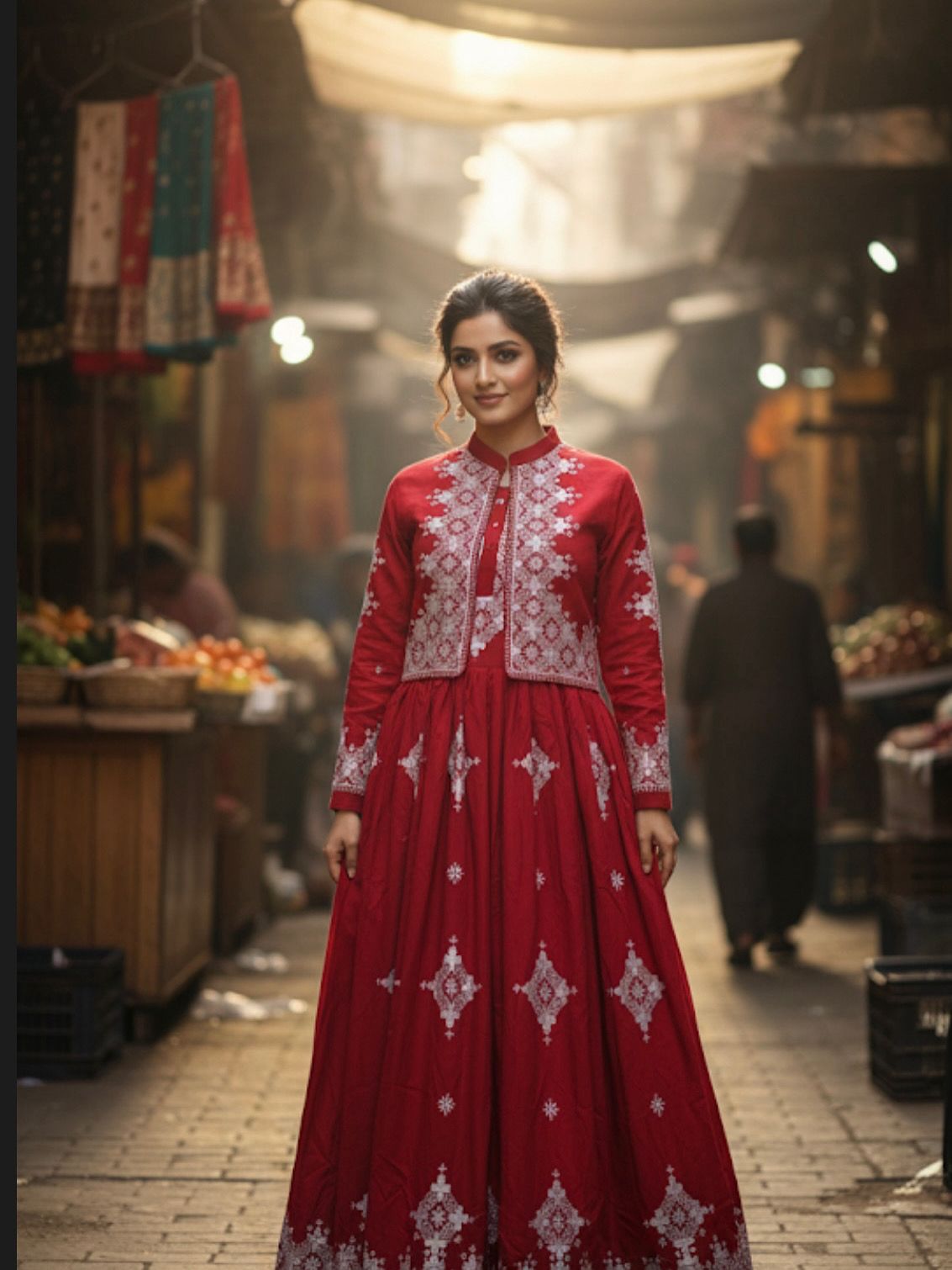 Red Hazargi On Lilen Fabric With Adjustable Belt