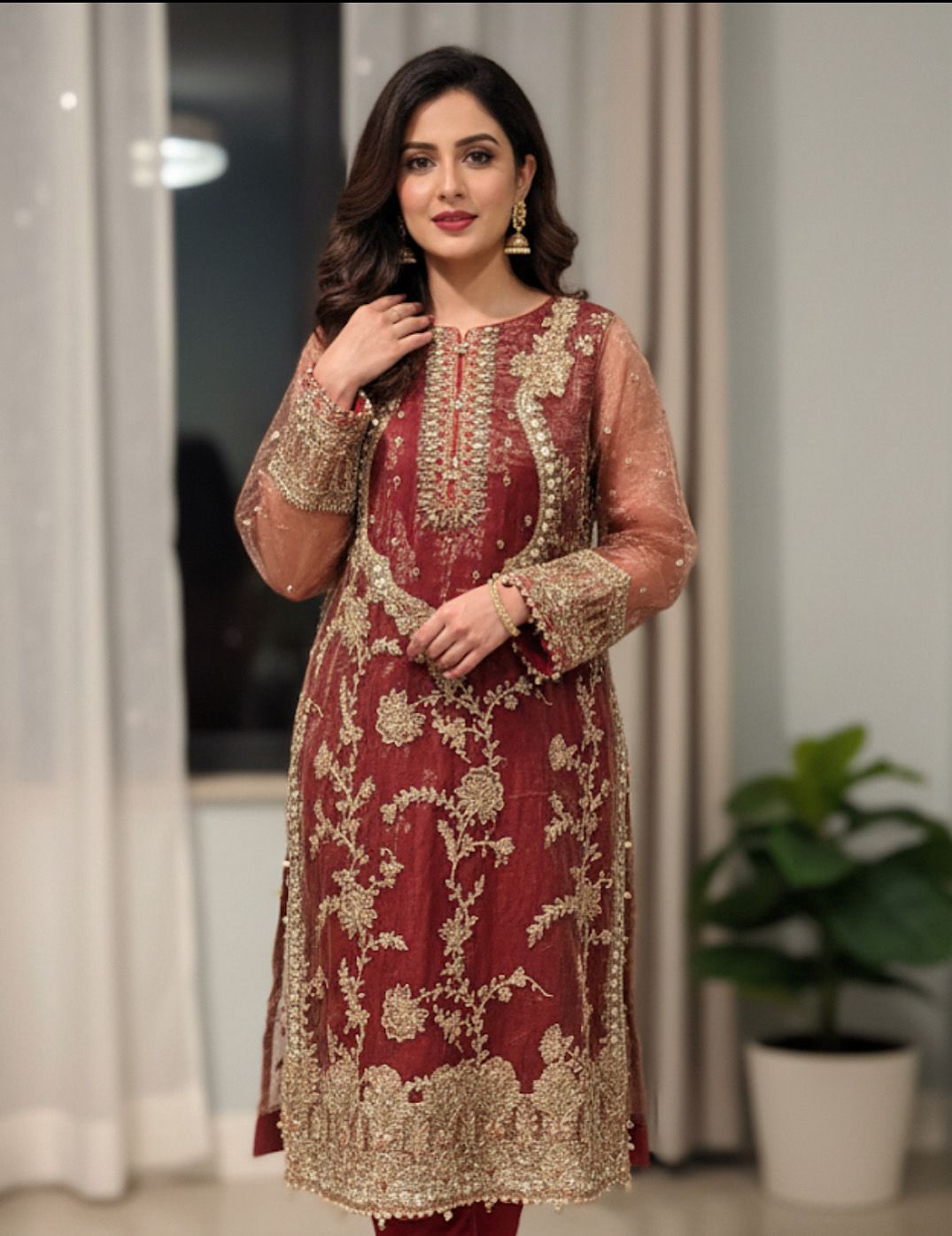 Red Maria B Outfit Organza Fabric Heavy Embroidery With Sharara