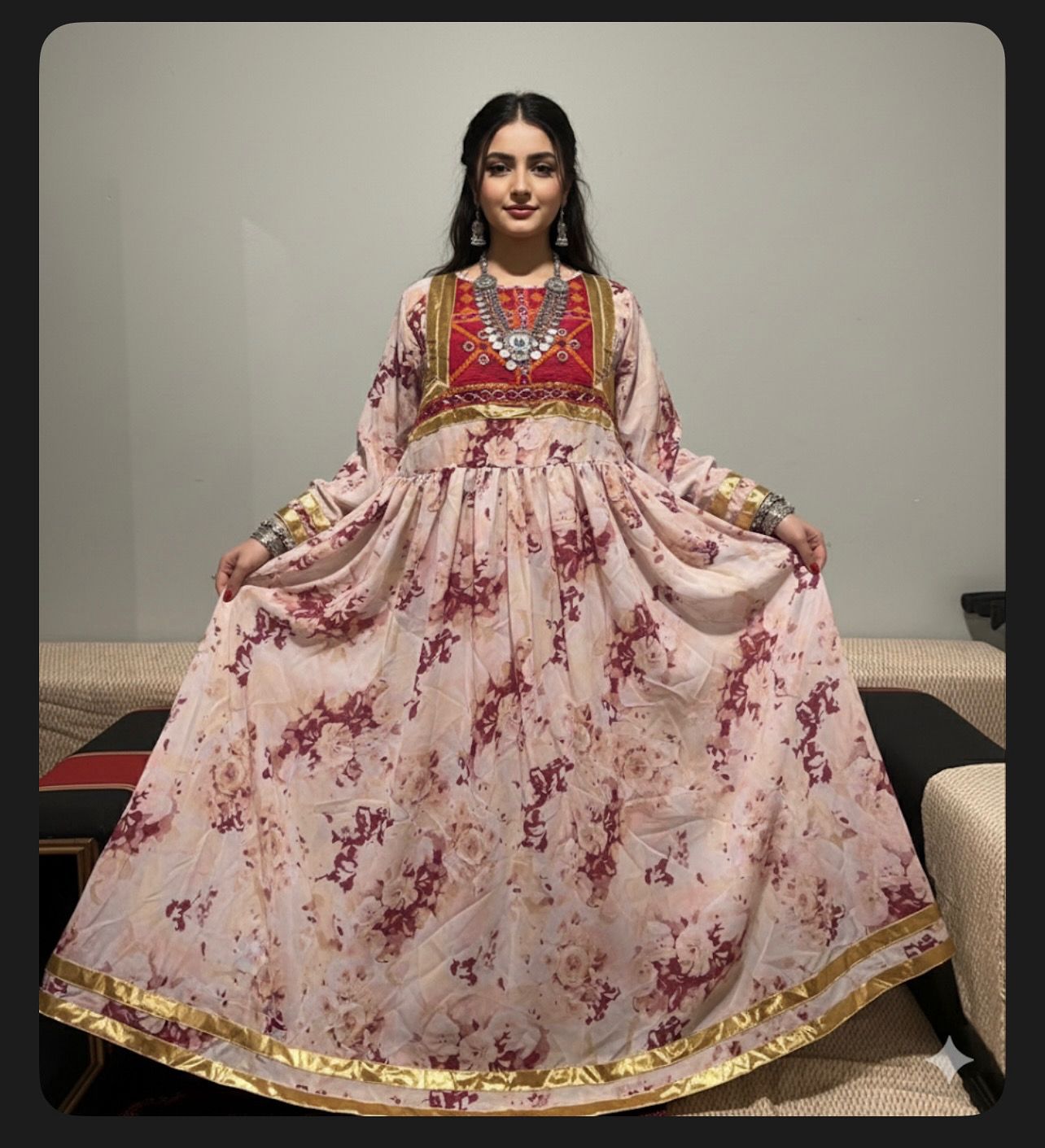 Traditional One Piece Frock Pink Color With Floral